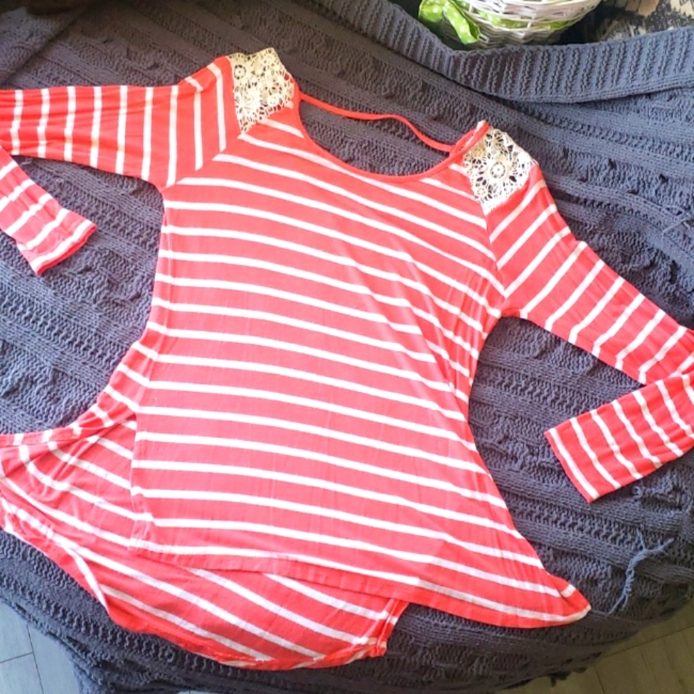Coral and white striped blouse